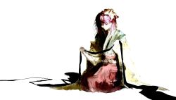 Rule 34 | 1girl, closed eyes, closed mouth, commentary, expressionless, flower, full body, green kimono, hair flower, hair ornament, hieda no akyuu, highres, japanese clothes, kimono, long sleeves, purple hair, red skirt, short hair, sitting, skirt, solo, symbol-only commentary, touhou, white background, white flower, xbsx