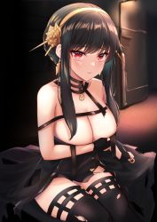 Rule 34 | 1girl, absurdres, black dress, black gloves, black hair, black thighhighs, blush, breasts, cleavage, covering privates, covering breasts, dagger, dress, earrings, fingerless gloves, flower, gloves, gold earrings, gold hairband, hair flower, hair ornament, hairband, heckler kai, highres, holding, holding dagger, holding knife, holding weapon, jewelry, knife, large breasts, long hair, looking at viewer, off-shoulder dress, off shoulder, parted lips, raised eyebrows, red eyes, rose, sidelocks, sitting, solo, spikes, spy x family, stiletto (weapon), thighhighs, torn clothes, torn dress, torn thighhighs, weapon, yor briar
