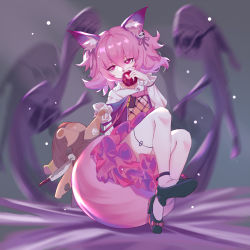 Rule 34 | 1girl, absurdres, animal ear fluff, animal ears, ankle strap, apple, arknights, black dress, black footwear, blurry, blurry background, commentary, diamond-shaped pupils, diamond (shape), dress, food, fox ears, fox girl, fox tail, fruit, full body, hair ribbon, half-closed eyes, high heels, highres, holding, holding food, holding fruit, holding stuffed toy, id card, knife, lanyard, looking at viewer, medium hair, pantyhose, pink eyes, pink hair, pink ribbon, ribbon, see-through, shamare (arknights), shirt, solo, stuffed toy, symbol-shaped pupils, tail, thigh strap, white pantyhose, white shirt, yiyizi