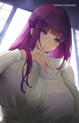 Rule 34 | 1girl, araneesama, blunt bangs, blush, bra, bra visible through clothes, breasts, collar, dress, fern (sousou no frieren), frilled collar, frills, from below, hand on own chest, high collar, highres, huge breasts, long hair, long sleeves, parted lips, purple bra, purple eyes, purple hair, purple nails, purple pupils, see-through, shirt, sidelocks, solo, sousou no frieren, straight hair, underwear, upper body, white dress, white shirt