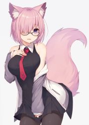 Rule 34 | 1girl, animal ear fluff, animal ears, black-framed eyewear, black dress, black pantyhose, breasts, dress, fang, fate/grand order, fate (series), fox ears, fox tail, glasses, hair over one eye, hand on own chest, jacket, kemonomimi mode, large breasts, light purple hair, mash kyrielight, muryotaro, necktie, pantyhose, purple eyes, red necktie, short hair, smile, solo, tail