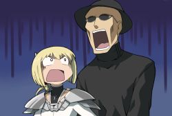 Rule 34 | 1boy, 1girl, agemmata, armor, azumanga daiou, bad id, bad pixiv id, blonde hair, blue background, bob cut, cheekbones, clare (claymore), claymore (series), claymore (sword), hat, kaori (azumanga daioh), kimura, looking at another, open mouth, parody, pauldrons, rubel, short hair, shoulder armor, style parody, sunglasses, sword, turtleneck, upper body, weapon, wide-eyed