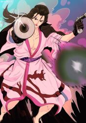 Rule 34 | 1boy, black hair, dual wielding, feet out of frame, foreshortening, frown, gun, highres, holding, holding gun, holding weapon, izou (one piece), japanese clothes, kimono, long hair, looking at viewer, male focus, nok (nok 1), one piece, open clothes, open kimono, pectoral cleavage, pectorals, pink kimono, pointing weapon, red lips, serious, solo, weapon