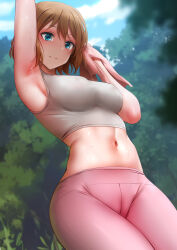 Rule 34 | 1girl, alternate costume, arm up, armpits, blue eyes, blurry, blurry background, breasts, brown hair, closed mouth, creatures (company), forest, game freak, ginhaha, grey sports bra, highres, holding, holding towel, large breasts, leggings, looking at viewer, midriff, mixed-language commentary, nature, navel, nintendo, outdoors, pink leggings, pokemon, pokemon (anime), pokemon xy (anime), serena (pokemon), short hair, smile, solo, sports bra, sportswear, stomach, sweat, towel, tree