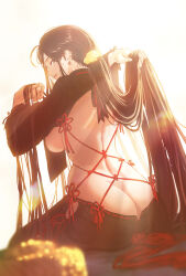 Rule 34 | 1girl, absurdres, adjusting hair, ass, back, backless dress, backless outfit, backlighting, blush, breast curtains, breasts, brown eyes, brown hair, butt crack, dimples of venus, dress, earclip, earrings, fate/grand order, fate (series), from behind, hair ornament, hair scrunchie, highres, holding, holding hair, huge ass, jewelry, large breasts, light rays, long hair, long sleeves, looking at viewer, looking back, multiple earrings, no bra, no panties, parted lips, ponytail, revealing clothes, scrunchie, shibao aoyama, shrug (clothing), sideboob, sidelocks, sitting, smile, solo, very long hair, yu mei-ren (fate), yu mei-ren (fgo fes. 2022) (fate)