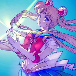 Rule 34 | 1girl, back bow, bishoujo senshi sailor moon, blonde hair, blue background, blue eyes, blue sailor collar, blue skirt, bow, bowtie, choker, crescent, crescent earrings, crystal, double bun, earrings, elbow gloves, gloves, hair bun, hair ornament, highres, jewelry, long hair, parted bangs, parted lips, red bow, sailor collar, sailor moon, see-through, see-through sleeves, shirt, sidelocks, skirt, solo, tholia bentz, tiara, tsukino usagi, twintails, upper body, white gloves, white shirt