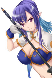 Rule 34 | 00s, 1girl, blue hair, breasts, bustier, cleavage, gloves, judith (tales), large breasts, midriff, pointy ears, purple eyes, ribucci, shiny skin, solo, tales of (series), tales of vesperia, white gloves