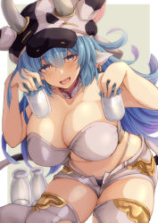 Rule 34 | 1girl, animal ears, animal print, bare shoulders, bikini, blue hair, blush, bottle, breasts, catura (granblue fantasy), cleavage, cow ears, cow girl, cow hat, cow horns, cow print, cow tail, detached collar, draph, ear piercing, granblue fantasy, highres, horns, large breasts, long hair, looking at viewer, milk bottle, navel, open mouth, piercing, pointy ears, short shorts, shorts, sitting, smile, solo, swimsuit, tail, thighhighs, thighs, wariza, white bikini, white shorts, white thighhighs, yude