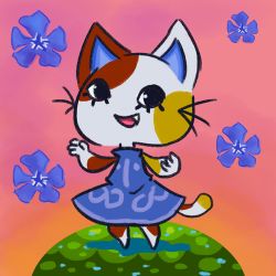 Rule 34 | 1girl, animal crossing, calico, dress, fang, fang out, flower, looking at viewer, lowres, nintendo, pink sky, purple dress, purple flower, purrl (animal crossing), sky, standing