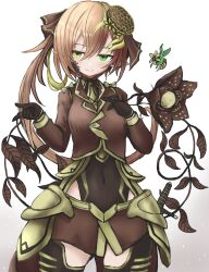 Rule 34 | 1girl, aoiyamagi4, bee, black gloves, breasts, brown flower, brown hat, brown shirt, bug, covered navel, flower, gloves, green eyes, hair between eyes, hat, heterochromia, highres, insect, mini hat, original, ponytail, sheath, sheathed, shirt, small breasts, smile, solo, standing, yellow eyes