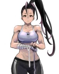 Rule 34 | 1girl, 6maker, :&lt;, alternate costume, antenna hair, black hair, black pants, breasts, brown eyes, contrapposto, forehead, hair pulled back, hand wraps, high ponytail, highres, ibuki (street fighter), large breasts, long hair, nike (company), pants, product placement, solo, sports bra, standing, street fighter, street fighter v, toned, track pants, white background, white sports bra