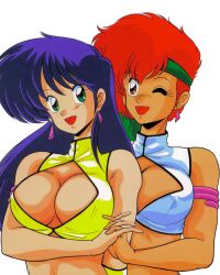 Rule 34 | 1980s (style), 2girls, armlet, blue hair, breasts, brown eyes, cleavage, cleavage cutout, clothing cutout, dirty pair, earrings, green eyes, headband, highres, holding hands, jewelry, kei (dirty pair), large breasts, long hair, multiple girls, non-web source, oldschool, one eye closed, open mouth, red hair, retro artstyle, short hair, simple background, upper body, white background, yuri (dirty pair)