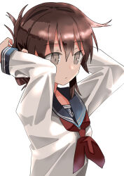 Rule 34 | 1girl, absurdres, anchor symbol, arms behind head, black sailor collar, brown eyes, brown hair, commentary request, folded ponytail, haida katsuretsu, highres, inazuma (kancolle), kantai collection, neckerchief, red neckerchief, sailor collar, school uniform, serafuku, simple background, solo, upper body, white background