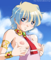 Rule 34 | + +, 00s, 1girl, armlet, between breasts, blonde hair, blue eyes, blush, bracelet, grabbing another&#039;s breast, breasts, brooch, cloud, cross-shaped pupils, day, flat chest, grabbing, inverted nipples, jewelry, kantori, necktie, nia teppelin, nipples, no bra, outdoors, puffy nipples, short hair, sky, small breasts, solo, symbol-shaped pupils, tengen toppa gurren lagann