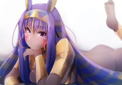 Rule 34 | 1girl, ass, bad id, bad pixiv id, barefoot, bracelet, breasts, head rest, dark skin, dark-skinned female, earrings, egyptian, egyptian clothes, facial mark, fate/grand order, fate (series), feet, hairband, jewelry, leg up, long hair, looking at viewer, lying, nitocris (fate), on stomach, purple eyes, purple hair, sideboob, sidelocks, smile, solo, wada kazu