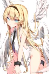 Rule 34 | 1girl, absurdres, angel, angel wings, barefoot, blonde hair, blue eyes, blush, breasts, feathered wings, highres, long hair, looking at viewer, necktie, original, restrained, simple background, small breasts, solo, toshizou (0714), white wings, wings