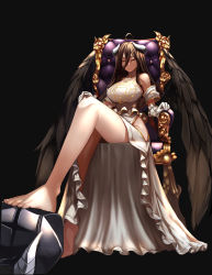 Rule 34 | 1girl, ahoge, albedo (overlord), bare legs, bare shoulders, barefoot, black background, black hair, black wings, breasts, btraphen, cleavage, demon girl, demon horns, dress, feet, full body, gloves, hair between eyes, highres, hip vent, horns, large breasts, legs, long hair, looking at viewer, looking down, orange eyes, overlord (maruyama), parted lips, simple background, sitting, solo, throne, toes, white dress, white gloves, wings, yellow eyes