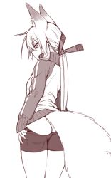 Rule 34 | 1girl, animal ears, ass, bike shorts, closed mouth, clothes pull, commentary request, fox ears, fox tail, from behind, greyscale, hair between eyes, jacket, long hair, long sleeves, looking at viewer, looking back, monochrome, original, ponytail, shorts, shorts pull, simple background, solo, standing, tail, track jacket, white background, yagi (ningen)