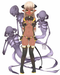 Rule 34 | 1girl, 3others, blonde hair, breasts, brll, cameltoe, copyright request, dark-skinned female, dark skin, demon girl, demon tail, full body, horns, long hair, monocle, multiple others, navel, pointy ears, simple background, skeleton, small breasts, solo, solo focus, straight-on, tachi-e, tail, thighs, tokyo tenma, white background