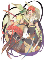 Rule 34 | 00s, 3boys, asch (tales), ayumiso, blonde hair, blue eyes, gloves, green eyes, guy cecil, long hair, luke fon fabre, male focus, midriff, multiple boys, open mouth, pants, red hair, smile, surcoat, sword, tales of (series), tales of the abyss, weapon