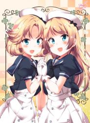 Rule 34 | 2girls, blonde hair, blue eyes, blue sailor collar, blush, clover, dress, flower, four-leaf clover, gloves, hat, holding hands, janus (kancolle), jervis (kancolle), kantai collection, long hair, multiple girls, open mouth, puffy short sleeves, puffy sleeves, sailor collar, sailor dress, sailor hat, sakura romu, short hair, short sleeves, signature, white dress, white gloves, white headwear