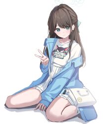 Rule 34 | 1girl, absurdres, airi (band) (blue archive), airi (blue archive), aqua bow, aqua eyes, bag, black footwear, blue archive, blue jacket, blush, bow, brown hair, closed mouth, half updo, halo, hand up, highres, jacket, long hair, long sleeves, looking at viewer, official alternate costume, open clothes, open jacket, pleated skirt, puffy long sleeves, puffy sleeves, shirt, shirt tucked in, shoulder bag, single off shoulder, sitting, skirt, sleeves past wrists, smile, socks, solo, takashima shoa, v, wariza, white bag, white halo, white shirt, white skirt, white socks