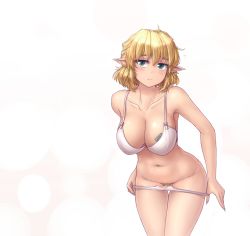 Rule 34 | 1girl, bent over, blonde hair, blonde pubic hair, blush, bra, breasts, cleavage, collarbone, condom, cowboy shot, eyebrows, female pubic hair, green eyes, hanging breasts, hater (hatater), highres, large breasts, leaning forward, looking at viewer, mizuhashi parsee, navel, panties, panty pull, pointy ears, pubic hair, pulled by self, shiny skin, short hair, simple background, solo, standing, thick eyebrows, thigh gap, thighhighs, touhou, underwear, underwear only, white bra, white panties