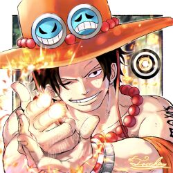 Rule 34 | 1boy, bead necklace, beads, black hair, cowboy hat, finger gun, fire, freckles, goggles, goggles on headwear, hat, highres, jewelry, log pose, male focus, necklace, one piece, portgas d. ace, smile, solo, tacchan56110, tattoo, topless male