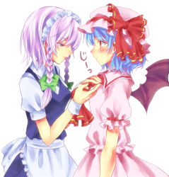 Rule 34 | 2girls, apron, bad id, bad pixiv id, bat wings, blouse, blue eyes, blue hair, blush, braid, faux traditional media, female focus, hat, hat ribbon, hifumi (art sky littel), izayoi sakuya, lips, looking at another, looking down, maid headdress, mob cap, multiple girls, profile, red eyes, remilia scarlet, ribbon, shirt, short sleeves, silver hair, simple background, skirt, touhou, twin braids, vest, white background, wings, wrist cuffs