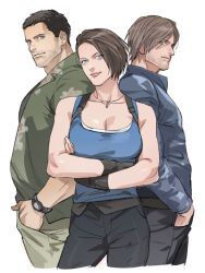 Rule 34 | 1girl, 2boys, beard, black hair, blue eyes, blue jacket, blue tank top, breasts, brown hair, chris redfield, cleavage, commentary request, contrapposto, crossed arms, facial hair, hands in pockets, jacket, jill valentine, large breasts, leon s. kennedy, multiple boys, resident evil, resident evil: death island, short hair, smile, tank top, tatsumi (psmhbpiuczn), watch, wristwatch
