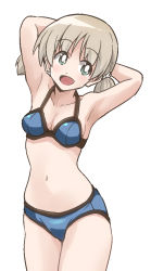 Rule 34 | 1girl, aki (girls und panzer), arm up, armpits, arms behind head, bikini, blue bikini, breasts, bright pupils, commentary, cowboy shot, girls und panzer, green eyes, hair tie, halterneck, head tilt, light brown hair, looking at viewer, low twintails, navel, open mouth, ponzu rui, short hair, short twintails, simple background, small breasts, smile, solo, standing, swimsuit, twintails, white background, white pupils