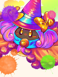 Rule 34 | 1girl, blush stickers, bow, commentary request, hat, hat bow, highres, kirby: triple deluxe, kirby (series), looking at viewer, minya (minyamokarva), nintendo, no humans, paint splatter, paintra, solid oval eyes, solo, witch hat, yellow eyes