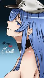 Rule 34 | 1girl, absurdres, akame ga kill!, blue eyes, blue hair, breasts, cleavage, crying, crying with eyes open, english text, esdeath, gradient background, hat, highres, large breasts, long hair, military, military uniform, nude, peaked cap, shippaidayo, solo, tearing up, tears, uniform, upper body, very long hair