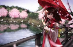 Rule 34 | 1girl, :d, artist name, bare shoulders, blue sky, blurry, bow, branch, bridge, brown eyes, brown hair, cherry blossoms, day, depth of field, detached sleeves, floral print, hair between eyes, hair bow, hair tubes, hakurei reimu, koi-nano, lake, light smile, lipstick, long hair, long sleeves, looking at viewer, makeup, obi, open mouth, outdoors, parasol, parted lips, pink lips, plant, railing, red bow, red hair, red umbrella, reflection, ribbon-trimmed sleeves, ribbon trim, sash, shore, sidelocks, signature, sky, smile, solo, sparkle, spring (season), sunlight, tareme, touhou, tree, branch, umbrella, water, yellow bow