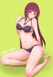 Rule 34 | 1girl, adapted costume, arm behind back, artist name, bare arms, bare legs, bare shoulders, barefoot, bikini, blush, breasts, cleavage, closed mouth, collarbone, eyebrows, fate/grand order, fate (series), full body, green background, hair intakes, head tilt, highres, large breasts, long hair, looking at viewer, multi-strapped bikini bottom, multi-strapped bikini top, navel, pulling own clothes, purple bikini, red eyes, red hair, revision, scathach (fate), simple background, sitting, smile, solo, stomach, strap pull, swimsuit, utu (ldnsft), very long hair, yokozuwari