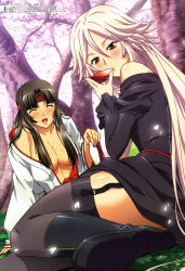 Rule 34 | 2girls, absurdres, alcohol, aldra (queen&#039;s blade), aldra (queen's blade), arm support, black hair, black thighhighs, blush, breasts, censored, cherry blossoms, cleavage, closed eyes, collarbone, convenient censoring, cup, drunk, female focus, garter straps, hair censor, headband, highres, ishibashi yukiko, japanese clothes, large breasts, long hair, megami magazine, miko, multiple girls, musha miko tomoe, no bra, non-web source, nun aldra, off shoulder, official art, open mouth, outdoors, petals, queen&#039;s blade, red eyes, sakazuki, sake, silver hair, sitting, thighhighs, tomoe (queen&#039;s blade), tomoe (queen's blade), tree, very long hair