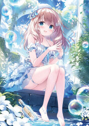 Rule 34 | 1girl, :d, bare shoulders, barefoot, blue bow, blue eyes, blue sky, bottle, bow, breasts, brown hair, camisole, cleavage, cloud, commentary request, day, detached sleeves, frilled skirt, frills, hair ornament, kimishima ao, long hair, medium breasts, message in a bottle, momoi saki, open mouth, original, outdoors, plant, puffy short sleeves, puffy sleeves, see-through, short sleeves, skindentation, skirt, sky, smile, soap bubbles, solo, star (symbol), star hair ornament, steepled fingers, water, white camisole, white headwear, white skirt, white sleeves