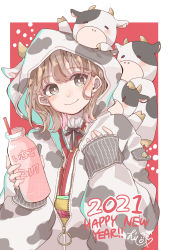 Rule 34 | 1girl, 2021, animal ears, animal hood, animal print, blush, brown eyes, brown hair, chinese zodiac, closed mouth, cow, cow ears, cow horns, cow print, drink, drinking straw, english text, glass bottle, hand on own chest, high collar, highres, holding, holding drink, hood, hood up, hoodie, horns, japanese clothes, lace trim, long sleeves, looking to the side, medium hair, multicolored hair, muto 095, neck ribbon, new year, original, pocket, ribbon, signature, smile, solo, strawberry milk, streaked hair, two-tone hair, year of the ox, zipper