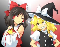 Rule 34 | 2girls, blonde hair, braid, brown hair, buttons, confrontation, crossed arms, eye contact, female focus, gradient background, grin, hakurei reimu, hands on own hips, hanjuku tomato, hat, kirisame marisa, lightning glare, looking at another, multiple girls, red eyes, ribbon, short hair, smile, smirk, touhou, upper body, witch, witch hat, yellow eyes