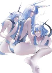 Rule 34 | 3girls, absurdres, alina (arknights), animal ears, antlers, arknights, ass, backless outfit, black one-piece swimsuit, blue eyes, breasts, cleavage, deer antlers, deer ears, deer girl, deer tail, dragon girl, dragon horns, dragon tail, from behind, frostnova (arknights), grey eyes, grey hair, hair between eyes, hair ornament, hairclip, head rest, highres, horns, long hair, looking at viewer, looking back, lying, medium breasts, multiple girls, on stomach, one-piece swimsuit, rabbit ears, rabbit girl, rabbit tail, simple background, sitting, swimsuit, tail, talulah (arknights), thighhighs, waiomori, white background, white thighhighs, yellow eyes