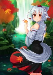 Rule 34 | 1girl, animal ears, autumn leaves, bare shoulders, blush, breasts, detached sleeves, hat, highres, inubashiri momiji, looking at viewer, looking back, medium breasts, nature, pom pom (clothes), red eyes, ribbon-trimmed sleeves, ribbon trim, shirt, short hair, sideboob, silver hair, sleeveless, sleeveless shirt, smile, solo, standing, tail, tokin hat, touhou, water, waterfall, white shirt, wide sleeves, wolf ears, wolf tail