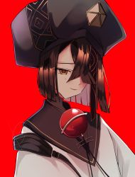 Rule 34 | 1girl, absurdres, black hair, black hat, breasts, brown eyes, fate/grand order, fate (series), hair over one eye, hat, highres, kankitsu kei, looking at viewer, mole, mole under eye, red background, robe, short hair, small breasts, space xu fu (fate), white robe, xu fu (fate)