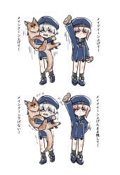 Rule 34 | 2girls, bad id, bad twitter id, black neckerchief, blue dress, blue eyes, blue headwear, blue sailor collar, brown eyes, brown hair, carrying, cat, clothes writing, commentary, dress, hat, highres, kantai collection, karin bluez3, looking at viewer, multiple girls, neckerchief, potato, sailor collar, sailor dress, sailor hat, short hair, silver hair, simple background, symbol-only commentary, tears, translation request, trembling, white background, z1 leberecht maass (kancolle), z3 max schultz (kancolle)