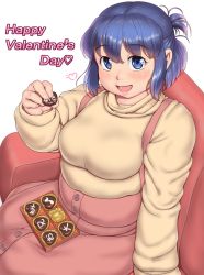 Rule 34 | 1girl, arm support, blue eyes, blue hair, blush, breasts, buttons, chocolate, commentary request, english text, fat step-sister (orizen), food, heart, highres, holding, holding food, long sleeves, looking at viewer, medium breasts, medium hair, open mouth, original, orizen, plump, sidelocks, simple background, sitting, smile, solo, tareme, upper body, valentine, white background