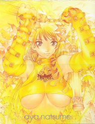 Rule 34 | 1girl, arms up, bare shoulders, blonde hair, breasts, character name, crease, crop top, dog, elbow gloves, english text, fingerless gloves, gloves, grey eyes, highres, large breasts, leaf, long hair, natsume aya, nunchaku, oogure ito, scan, smile, solo, tenjou tenge, underboob, very long hair, weapon, yellow background, yellow theme