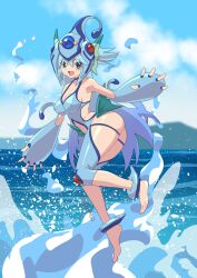 Rule 34 | 1girl, absurdres, aqua (konosuba), artist name, blue eyes, blue hair, blue hat, blue one-piece swimsuit, blurry, blurry background, breasts, clothing cutout, commentary, cosplay, covered erect nipples, digimon, english commentary, fins, forehead jewel, full body, hat, head fins, highres, kono subarashii sekai ni shukufuku wo!, long hair, looking at viewer, maho malice, medium breasts, mountain, navel, one-piece swimsuit, ranamon, ranamon (cosplay), stomach cutout, swimsuit, water