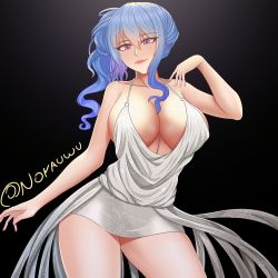 Rule 34 | absurdres, azur lane, backless dress, backless outfit, bare shoulders, black background, blue hair, breasts, cleavage, cowboy shot, dress, evening gown, halter dress, halterneck, highres, large breasts, norauwu, pink lips, plunging neckline, purple eyes, revealing clothes, sidelocks, signature, silver dress, st. louis (azur lane), st. louis (luxurious wheels) (azur lane), thighs