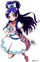 Rule 34 | 1girl, blue eyes, commentary request, cure white, detached sleeves, dress, earrings, eyelashes, futari wa precure, half updo, happy, heart, heart earrings, jewelry, leg warmers, long hair, looking at viewer, magical girl, ponytail, precure, purple eyes, shirono, simple background, smile, solo, twitter username, white background, white dress, white legwear, yukishiro honoka
