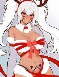 1girl alabama_(azur_lane) animal_hairband azur_lane bare_shoulders blush body_markings bra breasts cleavage cloak dark-skinned_female dark_skin detached_collar elbow_gloves facial_mark fake_antlers finger_to_mouth fur-trimmed_gloves fur_bra fur_panties fur_trim gloves hair_between_eyes highleg highleg_panties highres large_breasts long_hair looking_at_viewer navel panties paundo2 red_cloak red_eyes red_ribbon ribbon solo twintails underwear unfinished upper_body very_long_hair white_bra white_hair white_panties