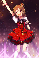Rule 34 | 10s, 1girl, :d, arm up, blush, bow, bowtie, brown hair, buttons, concert, confetti, crown, dress, feet out of frame, frilled dress, frills, glowstick, highres, holding, idol, idolmaster, idolmaster million live!, kneehighs, microphone, mini crown, mmyk81, nagayoshi subaru, open mouth, plaid, plaid dress, prologue rouge (idolmaster), puffy sleeves, red eyes, shirt, short sleeves, smile, socks, solo, standing, star (symbol), sweat, sweatdrop, waving, white shirt, white socks, wrist cuffs